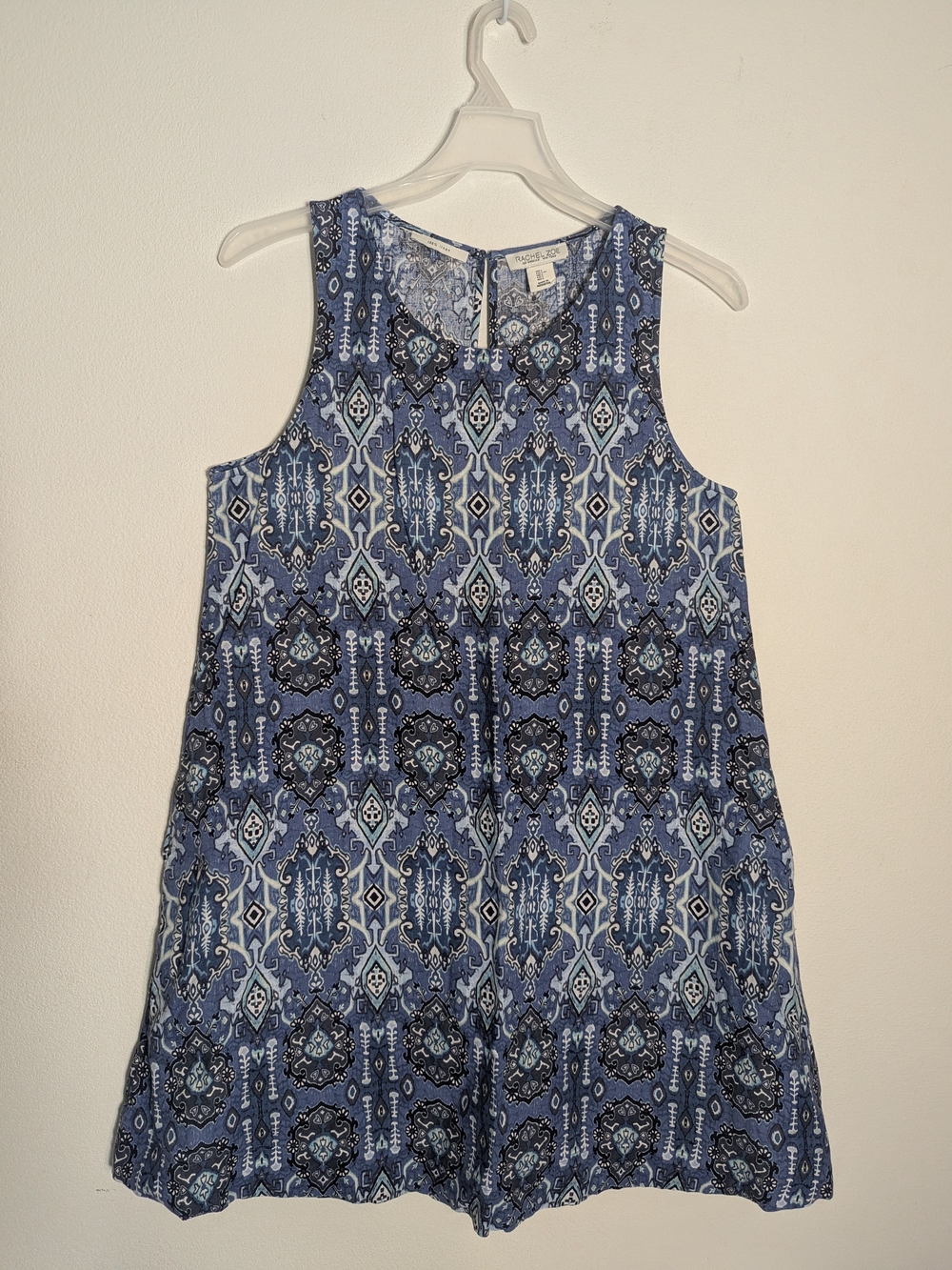 Rachel Zoe Womens Dress 100% Linen Tribal Ikat A Line Boho A Line Blue Large